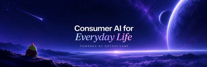 A cosmic-themed banner reading 'Consumer AI for Everyday Life POWERED BY GOTCHI LABS' featuring a small character silhouette overlooking a planetary landscape.