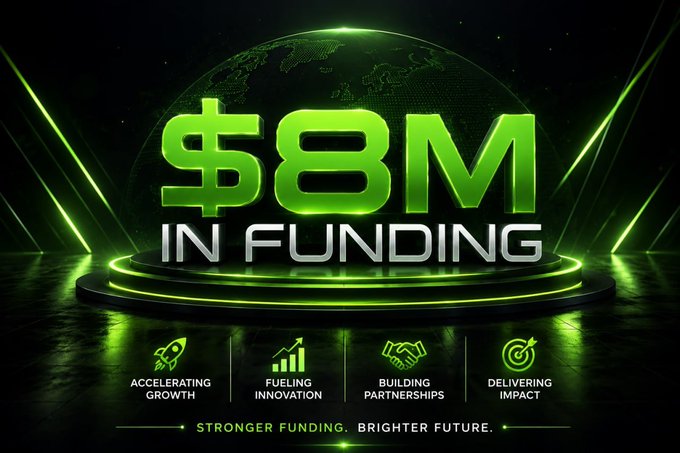 A promotional graphic announcing '$8M IN FUNDING' with green text, a globe background, and icons for Accelerating Growth, Fueling Innovation, Building Partnerships, and Delivering Impact.