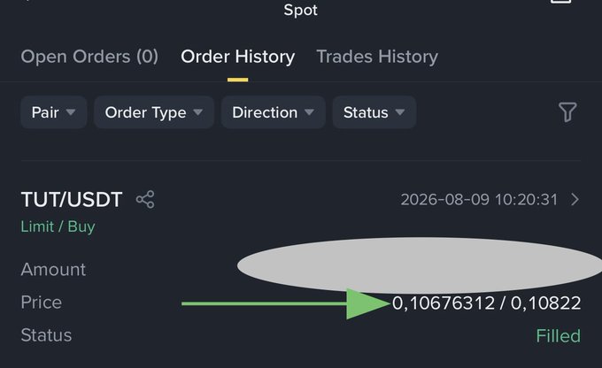 The image shows an order history entry for a TUT/USDT Limit Buy order with the status marked as "Filled," confirming the successful execution of the trade. A green arrow highlights the price field showing 0.10676312/0.10822, visually emphasizing that the buy was filled within the specified price range, supporting the post's claim of closing a profitable 70%+ gain on the trade.