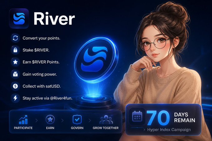 A promotional image for 'River' cryptocurrency showing an animated woman with glasses, listing features like Convert points, Stake $RIVER, Earn $RIVER Points, and noting '70 DAYS REMAIN' for the Hyper Index Campaign.