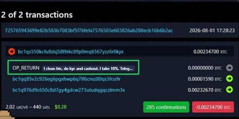 A transaction history screen showing '2 of 2 transactions' with one labeled 'OP_RETURN I clean btc, do kyc and cashout. I take 10%.' and a final balance of '-0.00234700 BTC'.