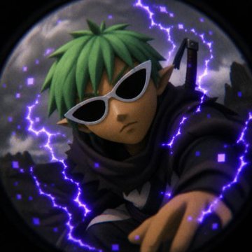An anime-style illustration of a character with green hair, pointed ears, and white sunglasses, surrounded by purple lightning effects.