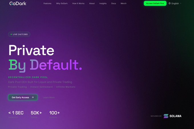 Screenshot of the GoDark website, a 'Private By Default' decentralized dark pool DEX built on Solana for liquid and private trading, featuring a 'Get Early Access' button and stats showing <1 SEC latency, 50K+ traders, and 100+ pairs.