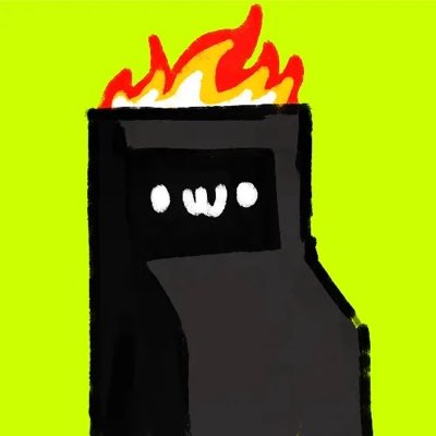 A simple digital drawing shows a black rectangular character with a small smiling face and orange-red flames on its head against a bright green background.