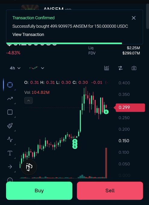 A cryptocurrency trading interface showing a transaction confirmation for purchasing 499.9 ANSEM for 150 USDC, with a price chart showing a current value of 0.299 and a market cap of $299.07M.