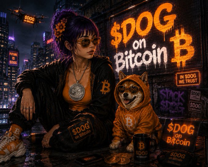 A digital artwork featuring a woman with purple hair, a Shiba Inu dog wearing an orange hoodie, and graffiti reading "$DOG on Bitcoin" and "IN $DOG WE TRUST" in an urban nighttime setting.