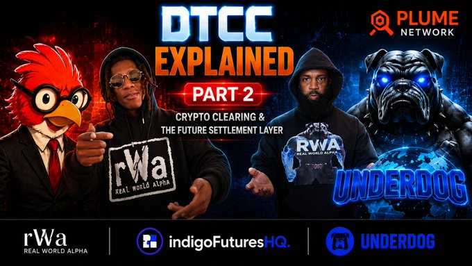 Promotional thumbnail for a video titled "DTCC Explained Part 2: Crypto Clearing & The Future Settlement Layer," featuring cartoon and real figures alongside the PLUME Network logo and underdog imagery, promoting Plume's role in DTCC discussions and a YouTube conversation hosted by indigoFuturesHQ.