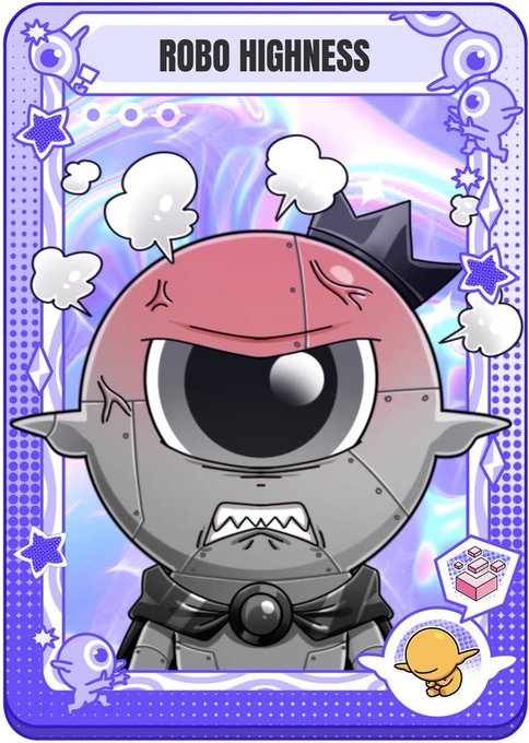 A cartoon NFT trading card titled "ROBO HIGHNESS" featuring an angry, one-eyed robot king wearing a crown, steam puffing from its head against a holographic purple background, with small alien mascots in the corners—fitting the post's mention of the Everdraw RPG genesis NFT collection on Solana.