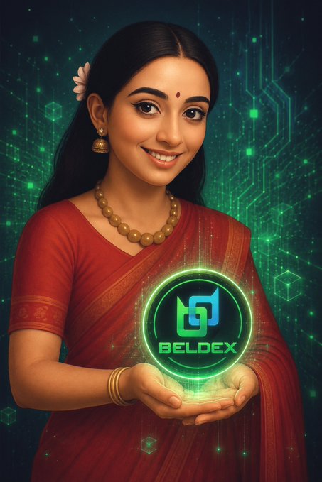 An AI-generated image of a smiling woman in a traditional red sari holding a glowing green holographic orb displaying the 'BELDEX' cryptocurrency logo, set against a digital circuit board background.