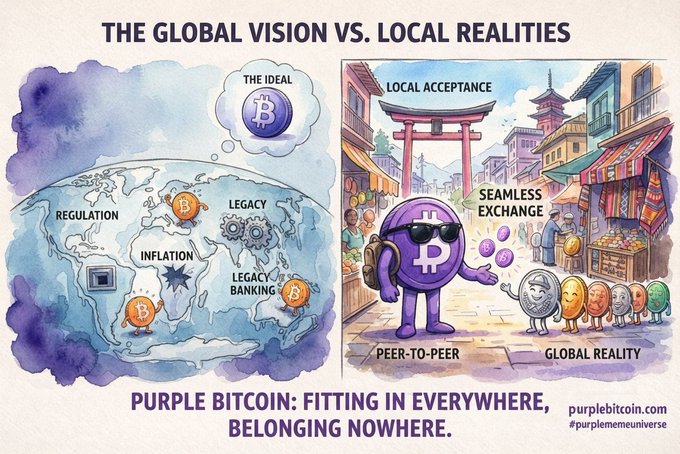 A watercolor illustration titled 'THE GLOBAL VISION VS. LOCAL REALITIES' contrasting the ideal of Bitcoin with real-world challenges like regulation, inflation, and legacy banking, captioned 'PURPLE BITCOIN: FITTING IN EVERYWHERE, BELONGING NOWHERE.' with purplebitcoin.com and #purblememeuniverse.