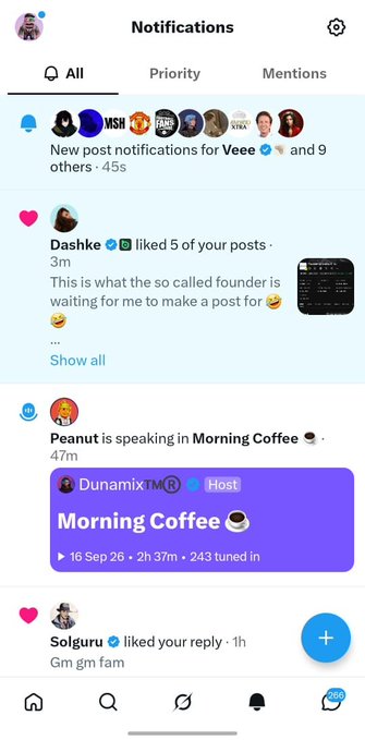 A mobile app screenshot shows a notifications page with messages from users including 'Dashke', 'Peanut', and 'Solguru', along with a 'Morning Coffee' space hosted by 'Dunamix'.