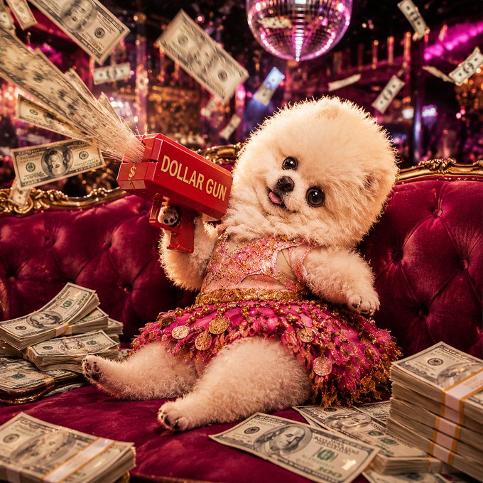 An AI-generated image of a fluffy white Pomeranian dog wearing a pink dress adorned with gold coins, sitting on a red velvet couch and holding a red 'DOLLAR GUN' that is shooting out hundred dollar bills.