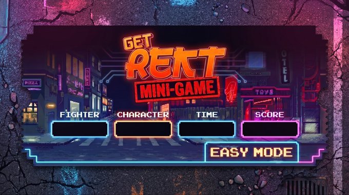 A vibrant pixel-art game screen titled "GET REKT MINI-GAME" displays stats for Fighter, Character, Time, and Score with an "EASY MODE" option, set against a neon-lit cyberpunk cityscape, tying into the post's promotion of dynamic gaming NFTs on $LYX.