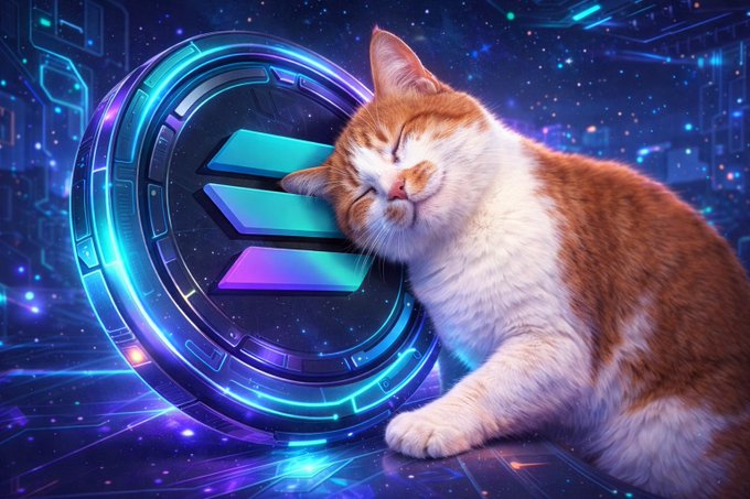 A sleepy orange and white cat rests its head against a glowing neon Solana logo coin, set against a cosmic digital backdrop. The image playfully ties into the post's "I like Solana" sentiment by portraying the cryptocurrency as a cozy, comforting companion.