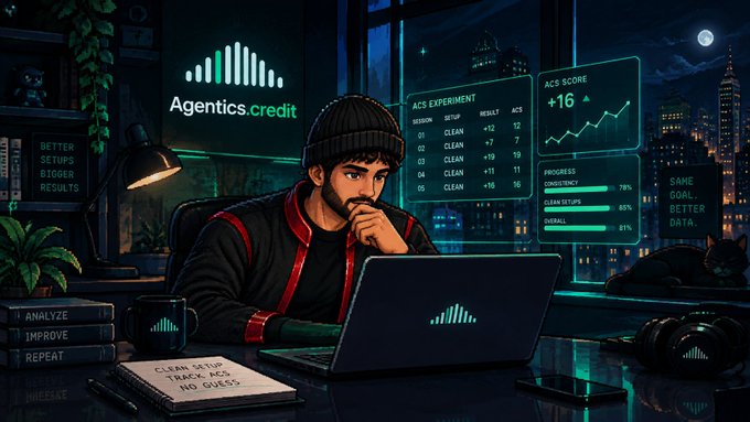 A digital illustration of a focused man at a laptop in a high-tech setup, surrounded by floating displays including the 'Agentics.credit' logo, an 'ACS EXPERIMENT' table, and an 'ACS SCORE +16' tracker.