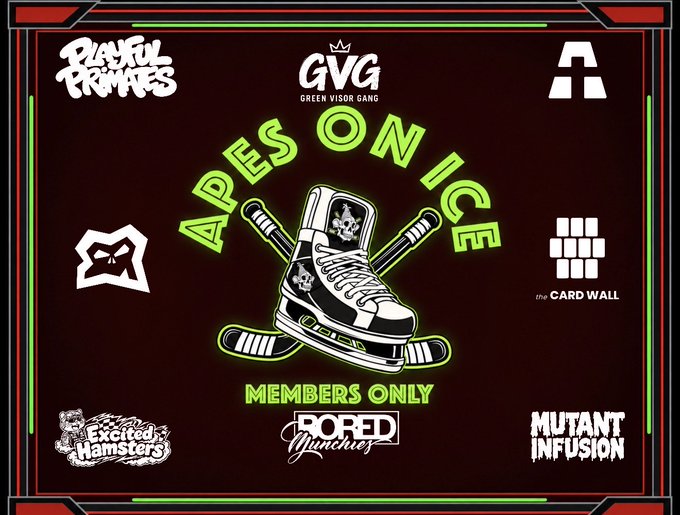 A dark promotional graphic with the text 'APES ON ICE', 'MEMBERS ONLY', 'GVG GREEN VISOR GANG', 'Playful Primates', 'the CARD WALL', 'Excited Hamsters', 'BORED Munchies', and 'MUTANT INFUSION', featuring a central illustration of a sneaker with crossed hockey sticks and skull motifs.