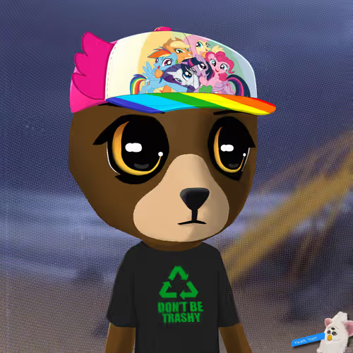 A 3D animated brown bear character wears a colorful cap featuring cartoon characters and a black t-shirt reading 'DON'T BE TRASHY' with a green recycling symbol.