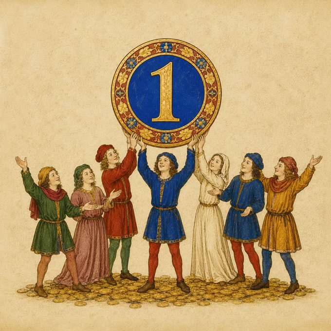 A medieval-style illustration of seven people standing on a pile of gold coins and jointly holding aloft an ornate blue medallion featuring a large gold “1.”