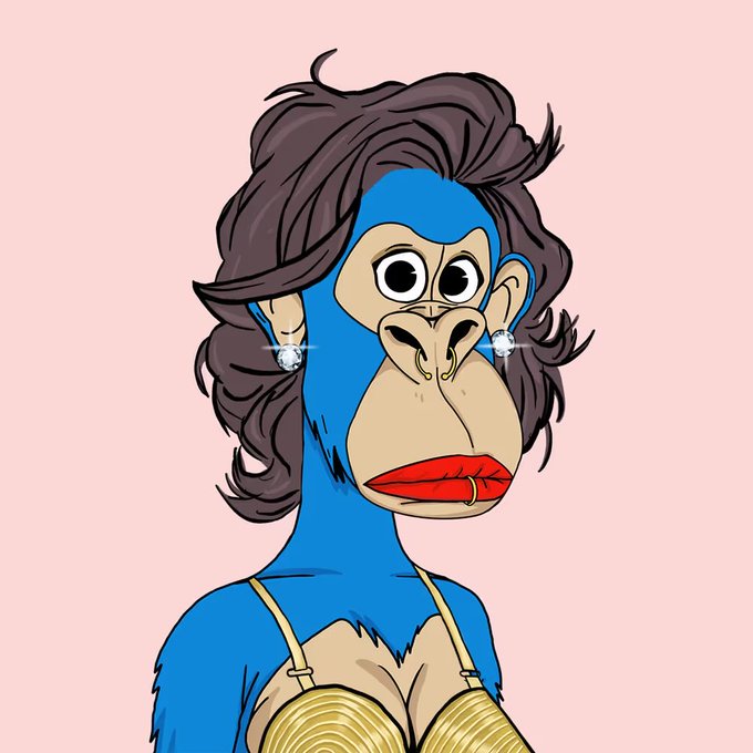 A cartoon illustration of a blue-furred ape character with brown hair, diamond earrings, red lipstick, and a gold top against a pink background.