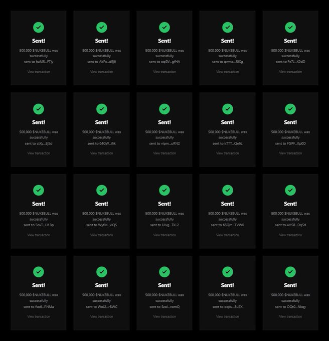 A grid of twenty dark transaction confirmation cards, each showing a green checkmark and the text 'Sent! 500,000 $NUKEBULL was successfully sent' to various addresses.