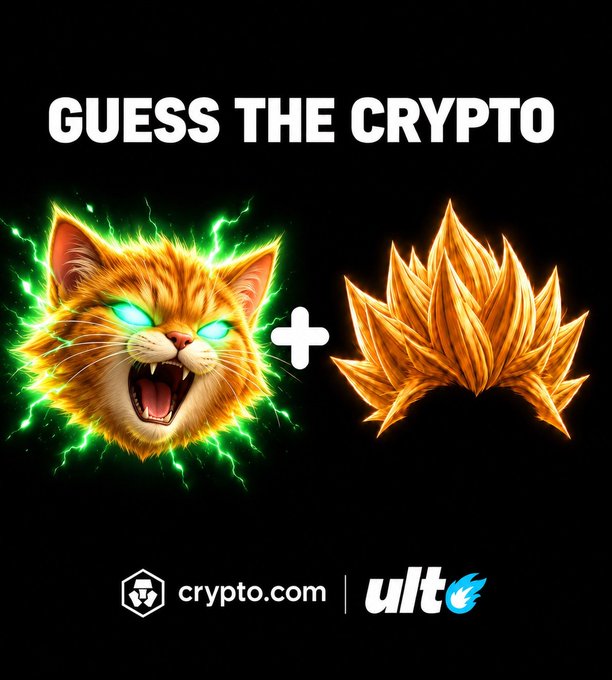 A 'Guess the Crypto' meme shows a snarling orange cat with glowing green eyes next to a plus sign and a spiky golden-haired anime character (Goku Super Saiyan), sponsored by crypto.com and ULT.
