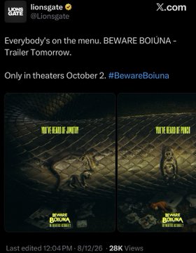 A Lionsgate X.com post from @Lionsgate reading 'Everybody's on the menu. BEWARE BOIUNA - Trailer Tomorrow. Only in theaters October 2. #BewareBoiuna', featuring two trailer poster images of a snake in a tiled bathroom.