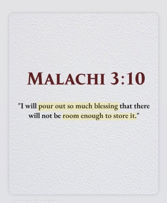A Bible verse card displays Malachi 3:10 with the quote 'I will pour out so much blessing that there will not be room enough to store it,' posted by @godswillzmessage.