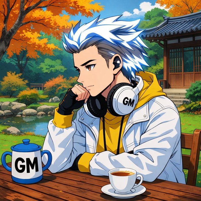 Anime-style character with white and blue hair wearing headphones marked 'GM', sitting at a table with a teapot also labeled 'GM'.