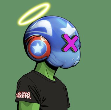 A 3D-rendered character with a blue Captain America-themed helmet featuring an 'X' and a halo, wearing a black t-shirt with graffiti-style text on a green background.