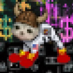 Pixel art of a character with brown hair, a red bow tie, red boxing gloves, and a white martial arts uniform, posed in a fighting stance.