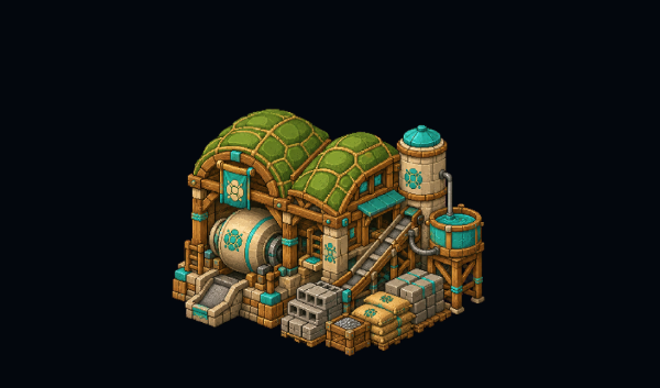 A pixel art illustration of a sci-fi industrial building with green domed roofs, teal tanks, and cargo containers on a black background.