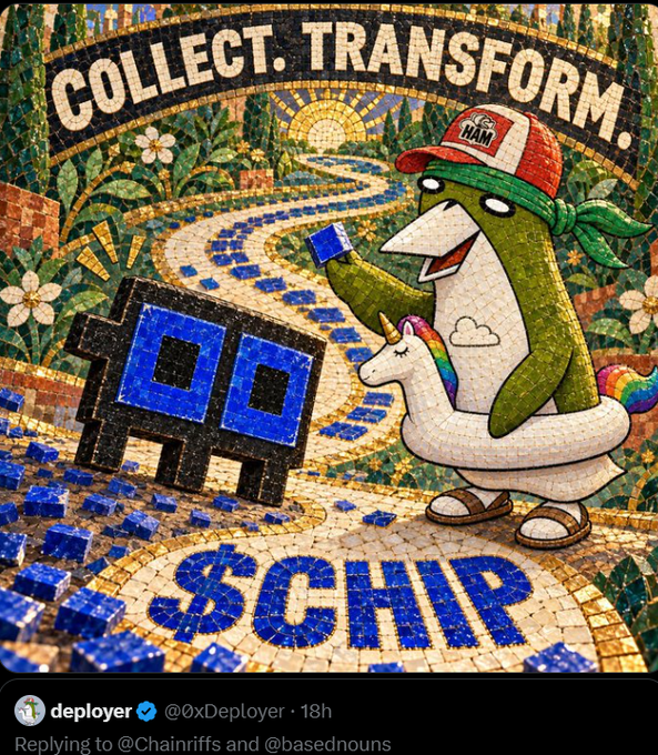 A mosaic-style illustration showing the text 'COLLECT. TRANSFORM.' and '$CHIP' with a HAM-branded cartoon character riding a unicorn, alongside a blue robot-like figure, posted by user 'deployer' (@0xDeployer).