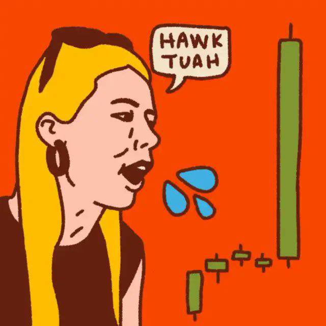 A cartoon illustration with a red-orange background shows a blonde woman with long hair and large earrings speaking a speech bubble that reads "HAWK TUAH," with blue droplet shapes emanating from her open mouth toward a green candlestick chart on the right. The image satirically references viral internet culture, which the post ties to a memecoin launch announcement on Pumpfun, suggesting that internet hype can drive explosive price action like the "Hawk Tuah" meme's viral fame.