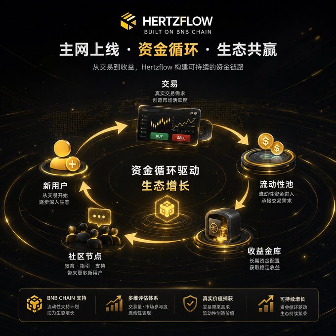 A promotional graphic for "HERTZFLOW - BUILT ON BNB CHAIN" displaying a circular ecosystem diagram with Chinese text highlighting features like mainnet launch, capital circulation, and ecosystem growth.