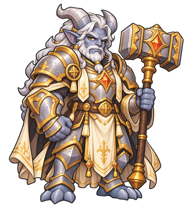 A fantasy illustration depicts a blue-skinned, horned warrior cleric in ornate gold and silver armor, gripping a massive hammer adorned with a red gemstone, who embodies the holy paladin archetype likely representing a character or class from the "Gableguardians" project mentioned in the post, visually reflecting the expanding lore and mechanics of the "Embers" era.