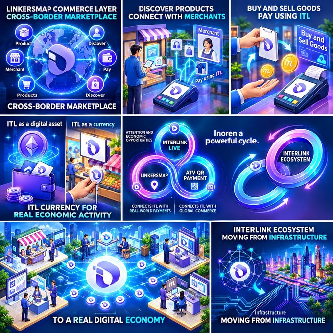 A multi-panel infographic explaining the 'Interlink Ecosystem,' depicting cross-border marketplace features, merchants, digital assets, and currency for real economic activity, connecting ITL with real-world payments and global commerce.