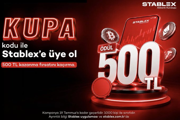Turkish promotional banner for Stablex offering 500 TL reward for signing up with code "KUPA", with the campaign ending July 19.