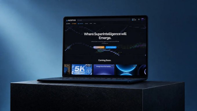 A laptop on a black pedestal displays the Acepyr website with the headline "Where Superintelligence will Emerge" and "Coming Soon..." alongside a "5K" banner. The image showcases the platform's sleek interface, supporting the post's announcement of its upcoming V2 Release and signup call to action at acepyr.com.