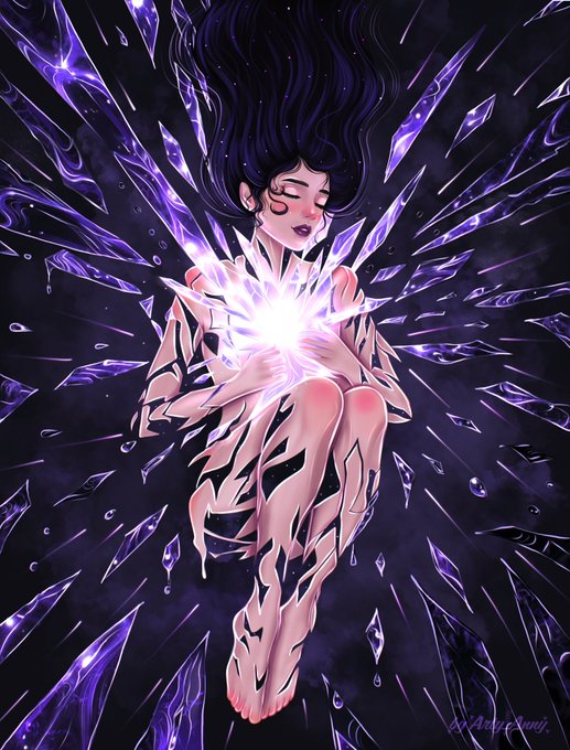 Fantasy digital artwork of a nude female figure floating in dark space, holding a glowing purple crystal that emits shards of amethyst-like crystal outward from her body, by @ArtsyStargazer.