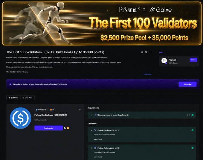 A promotional webpage for 'PrismaX x Galxe' titled 'The First 100 Validators' offering a $2,500 prize pool plus 35,000 points, with social media follow tasks listed.