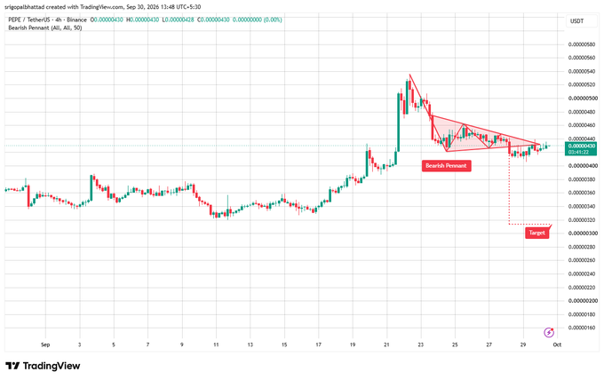 A TradingView chart for 'PEPE / TetherUS' on Binance showing a bearish pennant pattern with labeled target points.