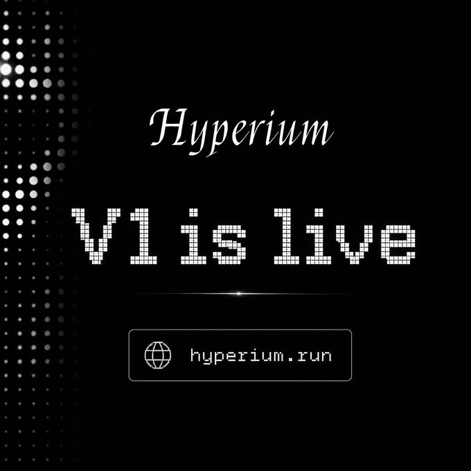 The image is a promotional graphic with a black background announcing "Hyperium V1 is live" in pixelated white text, with the website "hyperium.run" displayed below, visually corresponding to the post's announcement of Hyperium V1's official release and availability for download.
