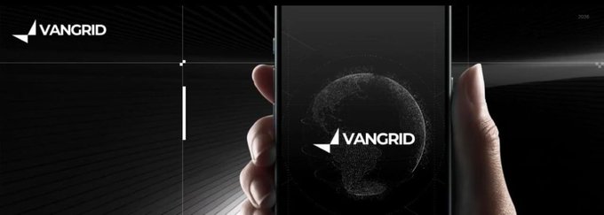 A sleek advertisement displays the VANGRID logo and branding on a smartphone held in a hand, with the logo also visible in the top left corner against a dark, textured background.