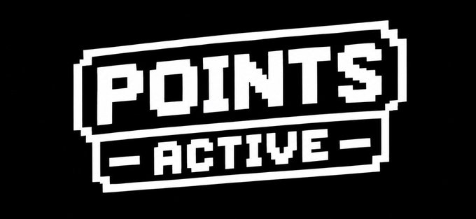 A pixelated black-and-white graphic displays the text "POINTS ACTIVE" in a blocky retro style within angled rectangular frames. The image visually reinforces the post's promotion of a giveaway event where 25 winners receive points by liking, retweeting, and submitting their crypto address via the provided link.