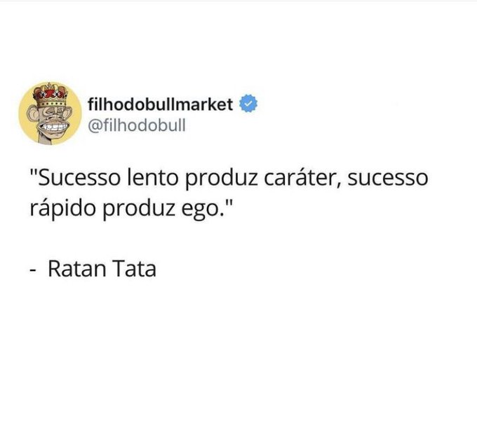 A social media post from @filhodobull featuring a cartoon avatar, displaying a quote in Portuguese: "Sucesso lento produz caráter, sucesso rápido produz ego." attributed to Ratan Tata.
