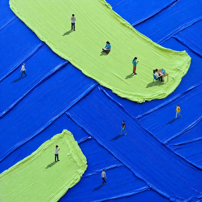A vibrant scene shows miniature figures interacting with a thick smear of bright green paint atop a broad blue painted surface, visually echoing the "MEXC blue and green" post by representing the platform's signature color combination as a literal painting.