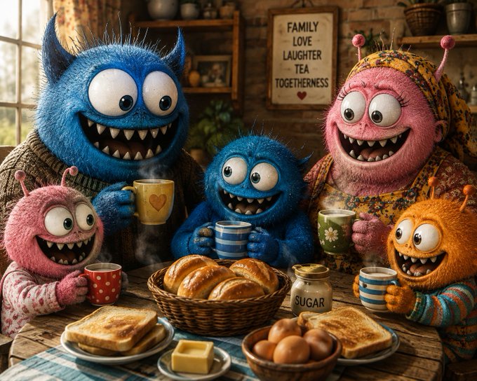 An AI-generated image of cartoonish furry monster characters in blue, pink, and orange having a family breakfast together at a wooden table with bread, toast, eggs, and butter, with a sign reading 'FAMILY LOVE LAUGHTER TEA TOGETHERNESS' in the background.