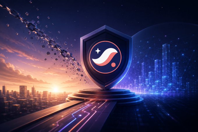 A futuristic digital artwork showing a metallic shield emblem on a pedestal with a comet-like trail, set against a split backdrop of a sunset cityscape and a glowing neon cyberpunk skyline.