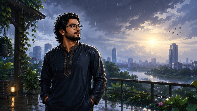 A digitally illustrated scene of a bearded man wearing glasses and a dark traditional kurta, standing on a rainy balcony overlooking a cityscape at sunset with birds flying in the distance.