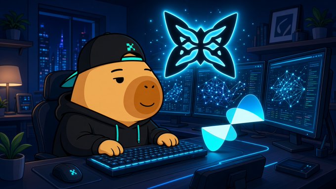A cartoon bear wearing a backwards cap and hoodie sits at a multi-monitor setup with a glowing butterfly logo and abstract network graphics, suggesting a developer or node operator working late. The cyber-themed scene visually reinforces the post's theme of quietly monitoring nodes and engaging with @quipnetwork's Node Manager update on ordinary hardware.